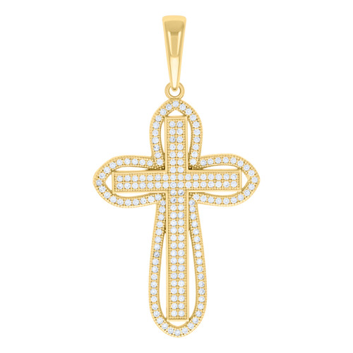 Yellow Gold Plated Moissanite Religious Charm Pointed Double Cross Pendant 1 CT
