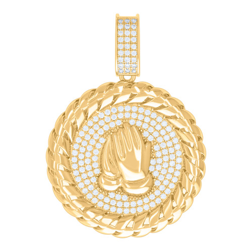 Yellow Gold Plated Moissanite Medallion Cuban Link Praying Hand Pendant 1.57 CT