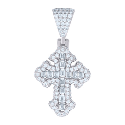 925 Sterling Silver Baguette Moissanite Charm 3D Pointed Cross Pendant 2.28 CT