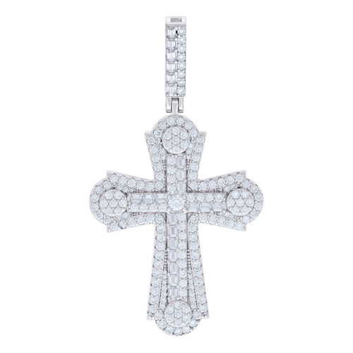 925 Sterling Silver Baguette Moissanite Iced Out Charm Budded Cross Pendant 5 CT