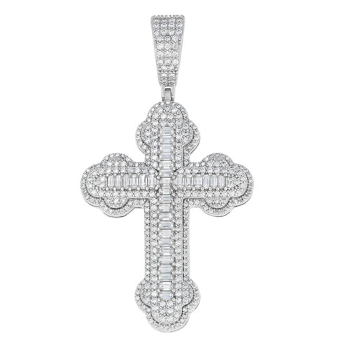 925 Sterling Silver Baguette Moissanite Iced Charm Budded Cross Pendant 3.79 CT