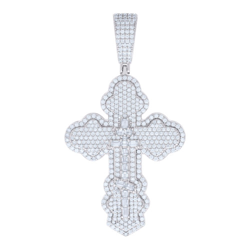 Sterling Silver Baguette Moissanite Charm Budded Orthodox Cross Pendant 3.28 CT
