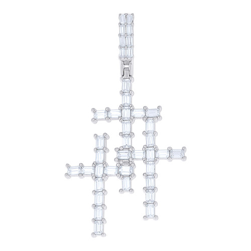Sterling Silver Baguette Moissanite Solitaire Charm Triple Cross Pendant 2.04 CT