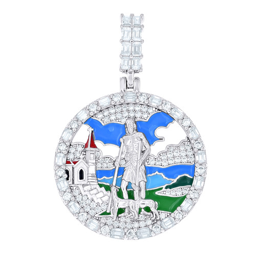 925 Sterling Silver Moissanite Enameled Medallion St. Lazarus Pendant 3.83 CT