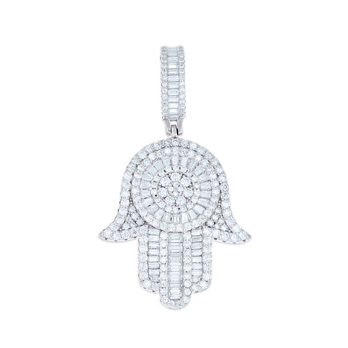 925 Sterling Silver Baguette Moissanite Symbol Charm Hamsa Hand Pendant 3.77 CT