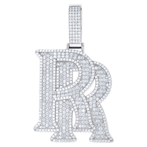 925 Sterling Silver Baguette Moissanite Men's Block Font Letter RR Pendant 20 CT