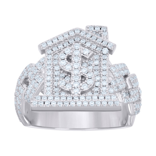 Sterling Silver Moissanite Cuban Link Dollar Sign Trap House Pinky Ring 1.22 CT