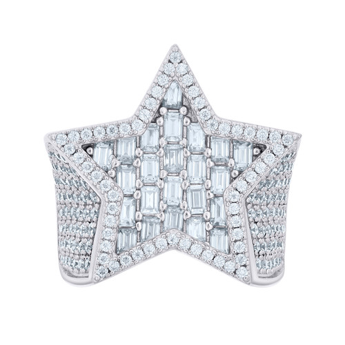 925 Sterling Silver Baguette Moissanite Iced Out Halo Star Pinky Ring 5.61 CT