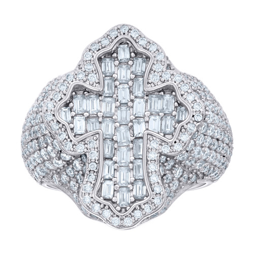 Sterling Silver Baguette Moissanite Iced Out Domed Budded Cross Pinky Ring 7 CT