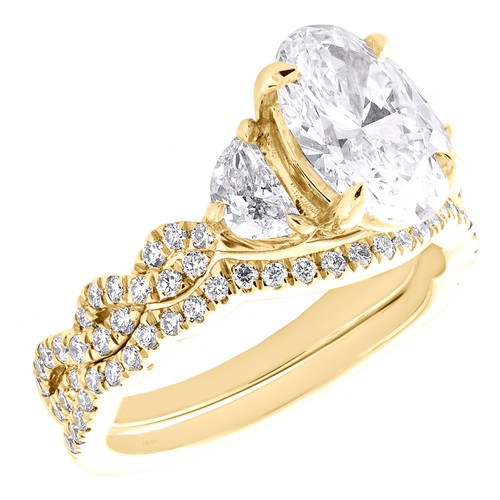 14K Yellow Gold Lab Grown Diamond Oval 3 Stone Braided Rings Bridal Set 3 CT