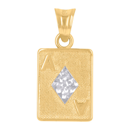 Real 10K Yellow Gold D/C & Textured Gambling Charm Poker Ace of Diamonds Pendant