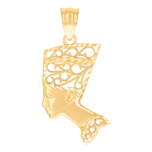 Real 10K Yellow Gold D/C Filigree Egyptian 0.65" Charm Queen Nefertiti Pendant