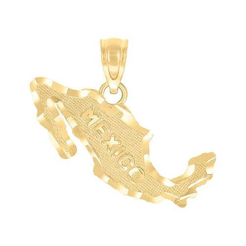 Real 10K Yellow Gold Country 0.75" Charm Diamond Cut Textured Mexico Map Pendant
