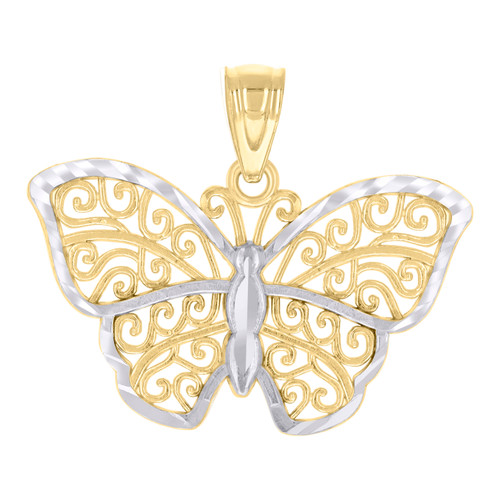 Genuine 10K Two Tone Gold Women's Diamond Cut Edge Filigree Butterfly Pendant