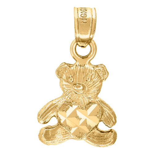 Genuine 10K Yellow Gold Womens Textured & D/C Charm Heart Teddy Bear Toy Pendant