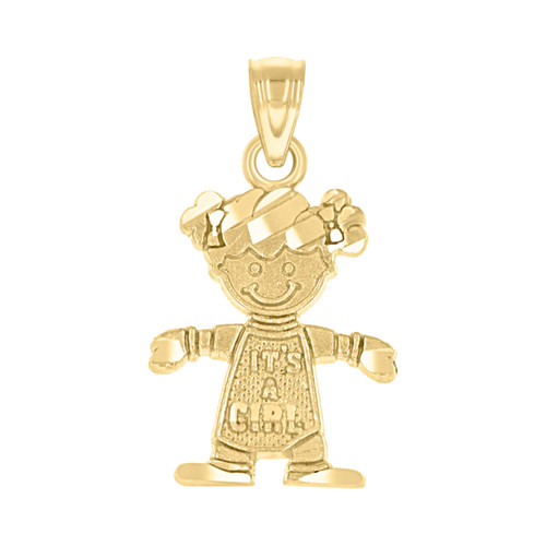 Genuine 10K Yellow Gold Charm Textured & D/C Standing Baby IT'S A GIRL Pendant