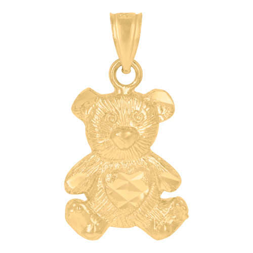Real 10K Yellow Gold Women's Textured Charm Diamond Cut Heart Teddy Bear Pendant