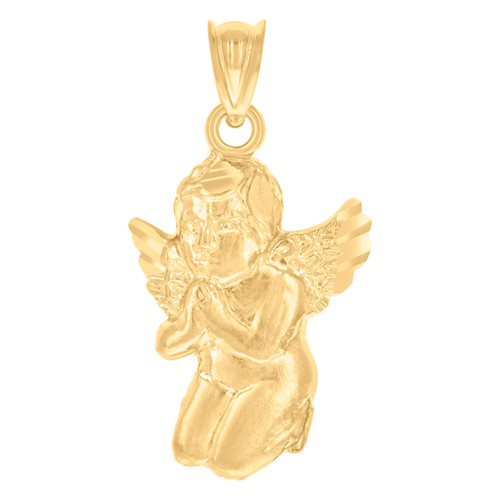 Genuine 10K Yellow Gold Women's Textured Diamond Cut Charm Praying Angel Pendant