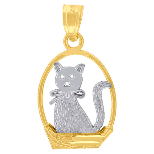 Genuine 10K Two Tone Gold Diamond Cut Women's Animal Charm Cat in Basket Pendant