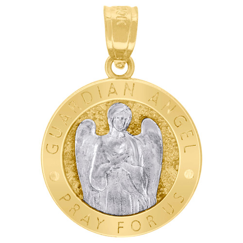 Genuine 10K Two Tone Gold Women's Guardian Angel Medallion Pray For Us Pendant