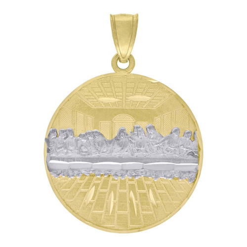 Genuine 10K Two Tone Gold 1.40" Charm Diamond Cut Last Supper Medallion Pendant