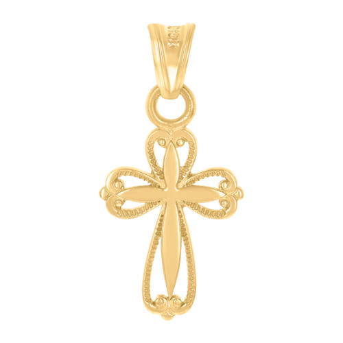 Genuine 10K Yellow Gold 0.45" Charm Textured Heart Budded Pointed Cross Pendant