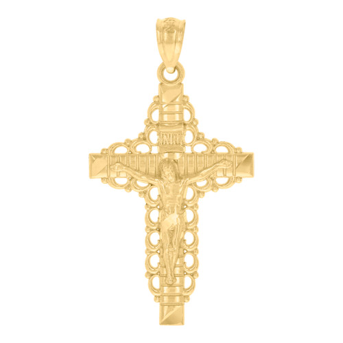 Genuine 10K Yellow Gold Unisex 1.15" Charm Filigree Cross INRI Crucifix Pendant