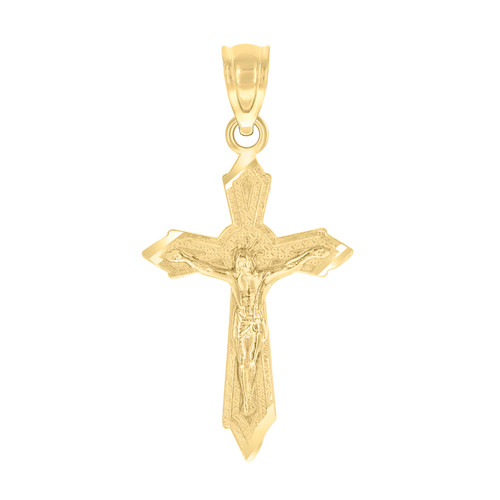 Real 10K Yellow Gold Unisex 1" Charm Textured Pointed Cross Crucifix Pendant