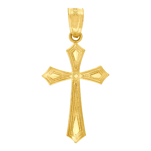 Genuine 10K Yellow Gold Unisex 1" Religious Charm Textured Pointed Cross Pendant