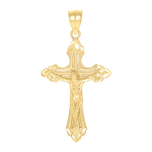 Genuine 10K Yellow Gold 1.40" Charm D/C Textured Pointed Cross Crucifix Pendant