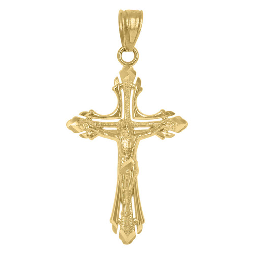 Real 10K Yellow Gold Men's 1.20" Charm Diamond Cut Jesus Cross Crucifix Pendant