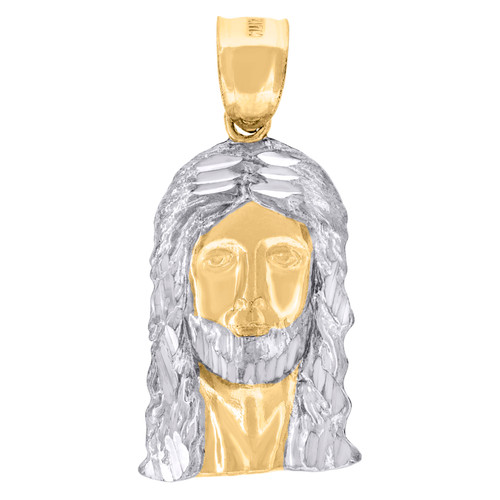 Real 10K Two Tone Gold Mens Religious 1.15" Charm Diamond Cut Jesus Face Pendant