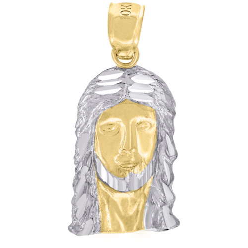 Real 10K Two Tone Gold Men's Religious 1" Charm Diamond Cut Jesus Face Pendant