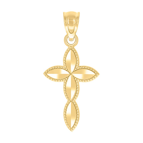 Real 10K Yellow Gold 0.85" Charm Beaded Edge Diamond Cut Passion Cross Pendant
