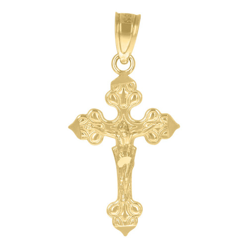 Genuine 10K Yellow Gold 1" Charm Textured Filigree Jesus Crucifix Cross Pendant