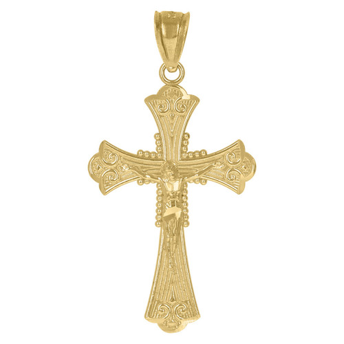 Genuine 10K Yellow Gold 1.40" Charm Diamond Cut Filigree Cross Crucifix Pendant