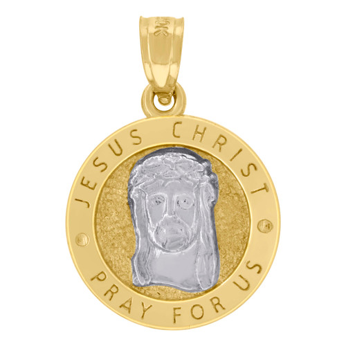 Genuine 10K Two Tone Gold 0.75" Charm Jesus Face PRAY FOR US Medallion Pendant