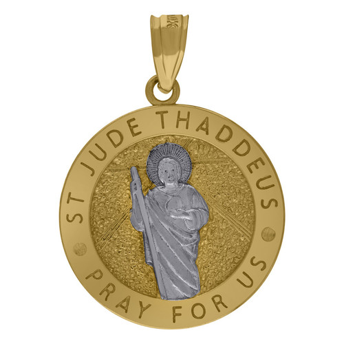 Real 10K Two Tone Gold 0.90" Religious Medallion Pray For Us St. Jude Pendant