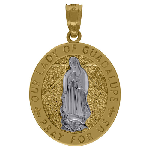 Real 10K Two Tone Gold 0.95" Charm Medallion Pray For Us Lady Guadalupe Pendant