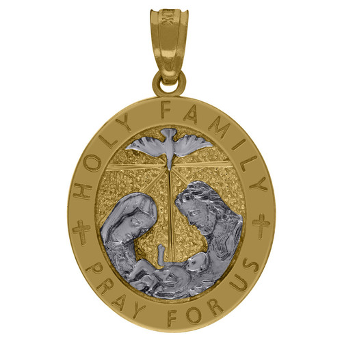 Real 10K Two Tone Gold 0.95" Religious Medallion Pray For Us Holy Family Pendant