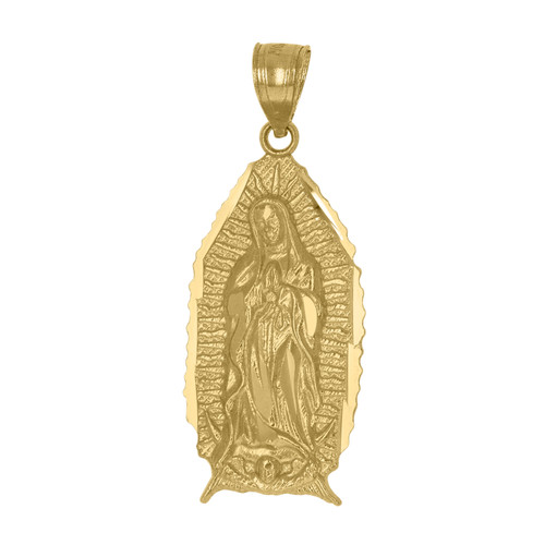 Genuine 10K Yellow Gold 1.25" Religious Charm Diamond Cut Lady Guadalupe Pendant