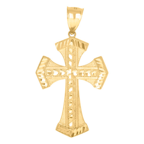 Real 10K Yellow Gold 1.65" Religious Charm D/C Heart Inlay Pointed Cross Pendant