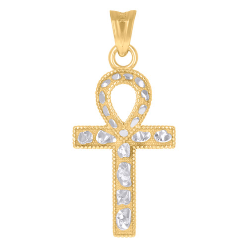 Genuine 10K Two Tone Gold 1.30" Charm D/C Bead Edge Egyptian Ankh Cross Pendant