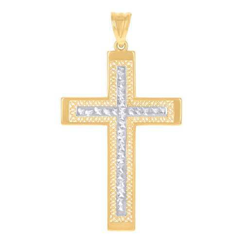 Genuine 10K Two Tone Gold 2" Charm Diamond Cut Filigree 'S' Border Cross Pendant