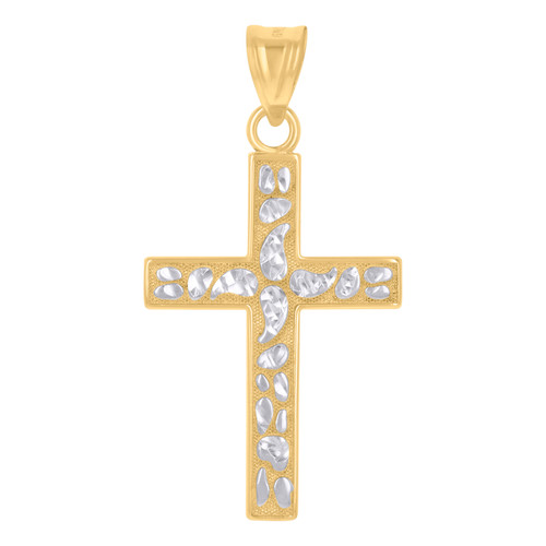 Genuine 10K Two Tone Gold 1.50" Religious Charm Diamond Cut Nugget Cross Pendant