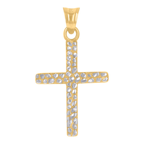 Genuine 10K Two Tone Gold 1.30" Religious Charm Diamond Cut Nugget Cross Pendant
