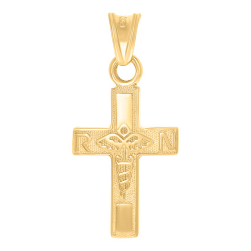Genuine 10K Yellow Gold 0.50" Charm Registered Nurse RN Caduceus Cross Pendant