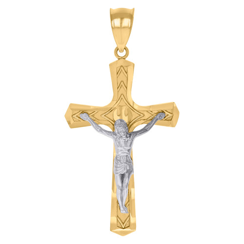 Genuine 10K Two Tone Gold 1.65" Charm D/C Pointed Cross Jesus Crucifix Pendant