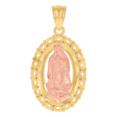 Genuine 10K Two Tone Gold 1.15" Charm Beaded D/C Lady Guadalupe Oval Medallion