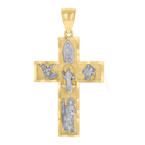 Genuine 10K Two Tone Gold 1" Religious Charm Diamond Cut Cross w/ Saints Pendant